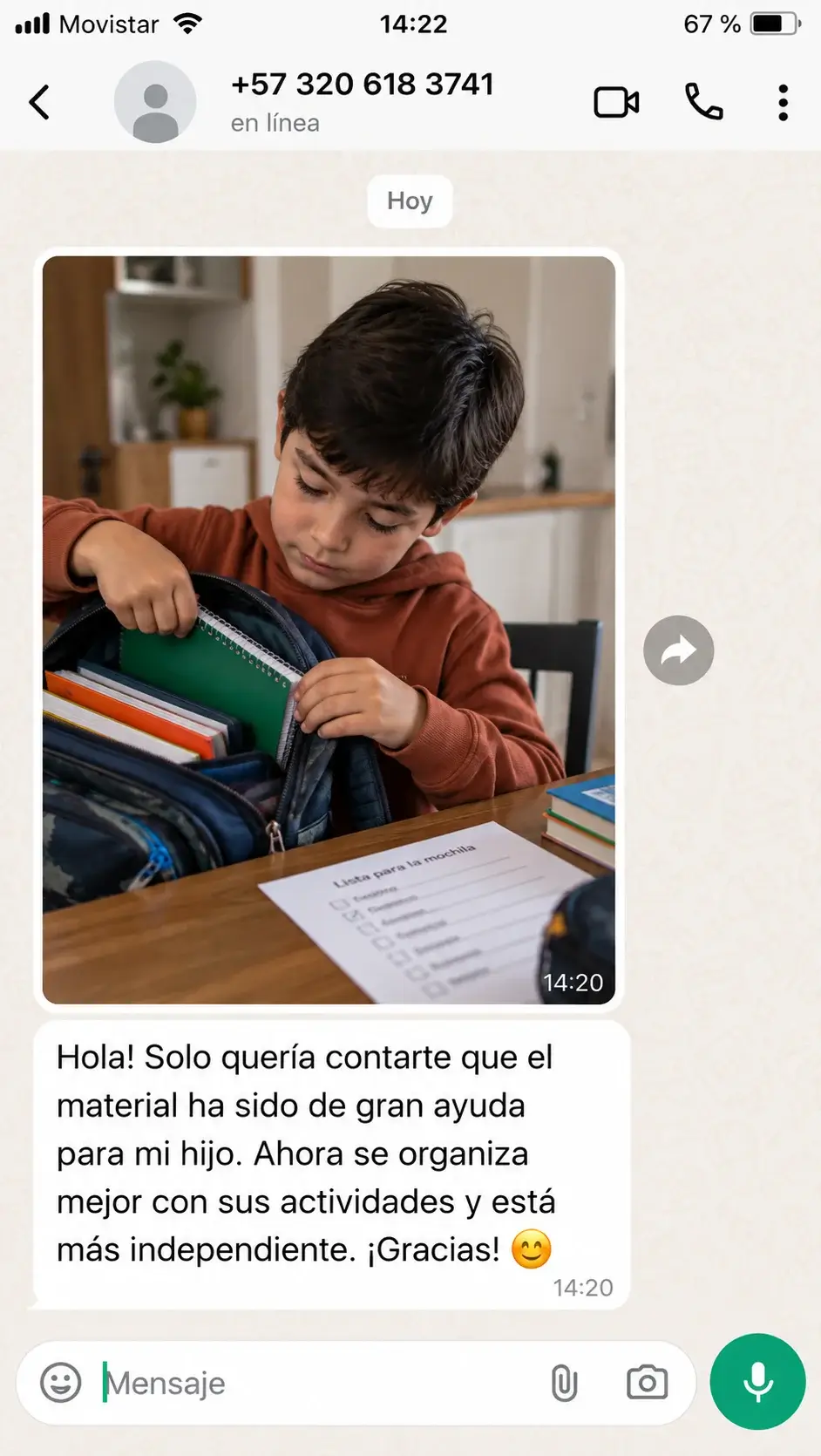 Captura de WhatsApp de un testimonio de una familia sobre el KIT TDAH EN ACCIÓN™