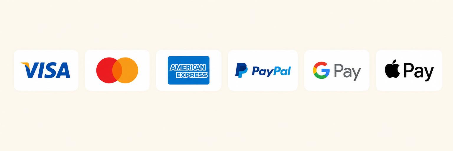 Métodos de pago: Visa, Mastercard, American Express, PayPal, Google Pay y Apple Pay